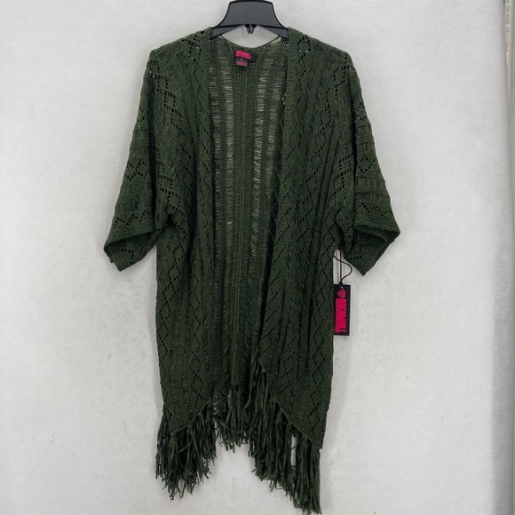 Rock & Roll Cowgirl Open Knit Cardigan Sweater‎ Women's Large Green Fringe NWT - Picture 1 of 12